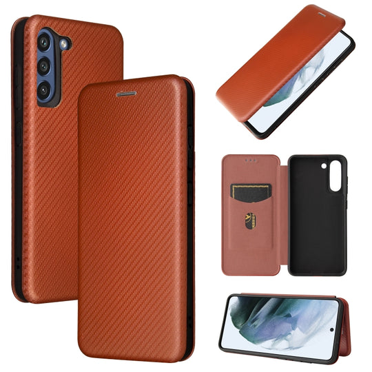 For Samsung Galaxy S21 FE Carbon Fiber Texture Horizontal Flip TPU + PC + PU Leather Case with Card Slot(Brown)