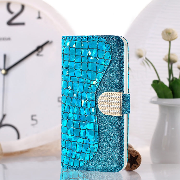 For Samsung Galaxy A02 / M02 Laser Glitter Powder Matching Crocodile Texture Horizontal Flip Leather Case with Card Slots & Holder & Wallet(Blue) by buy2fix