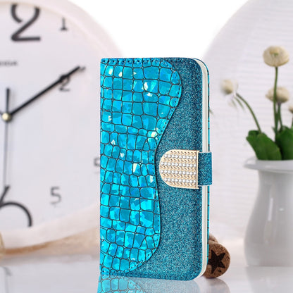 For Samsung Galaxy A02 / M02 Laser Glitter Powder Matching Crocodile Texture Horizontal Flip Leather Case with Card Slots & Holder & Wallet(Blue) by buy2fix