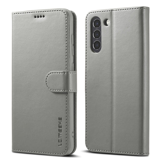 For Samsung Galaxy S21 FE LC.IMEEKE Calf Texture Horizontal Flip Leather Case, with Holder & Card Slots & Wallet(Grey)