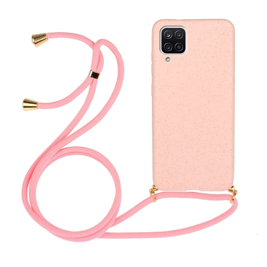 For Samsung Galaxy A12 Wheat Straw Material + TPU Protective Case with Lanyard(Pink) by buy2fix