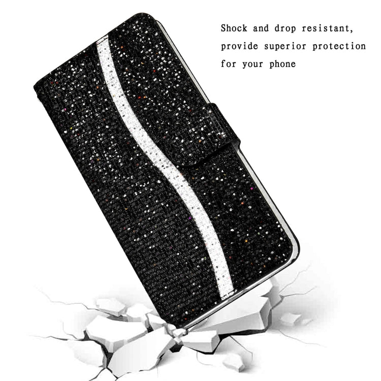 For Samsung Galaxy A12 Glitter Powder Horizontal Flip Leather Case with Card Slots & Holder & Lanyard(Black) by buy2fix