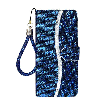For Samsung Galaxy A12 Glitter Powder Horizontal Flip Leather Case with Card Slots & Holder & Lanyard(Blue) by buy2fix