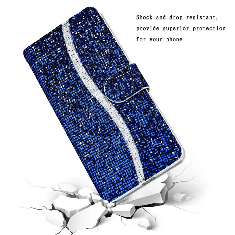 For Samsung Galaxy A12 Glitter Powder Horizontal Flip Leather Case with Card Slots & Holder & Lanyard(Blue) by buy2fix