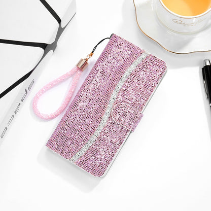 For Samsung Galaxy S21 FE Glitter Powder Horizontal Flip Leather Case with Card Slots & Holder & Lanyard(Pink) by buy2fix