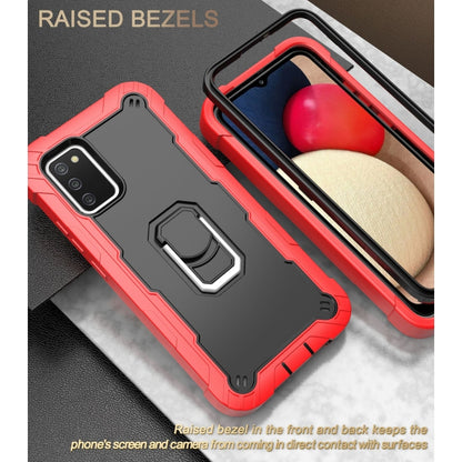 For Samsung Galaxy A02s PC + Rubber 3-layers Shockproof Protective Case with Rotating Holder(Red + Black) by buy2fix