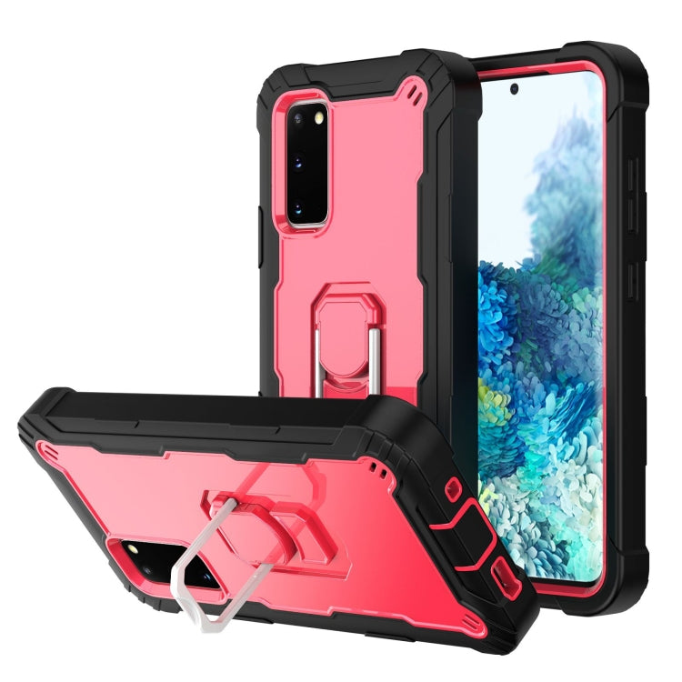 For Samsung Galaxy S20 FE / FE 5G PC + Rubber 3-layers Shockproof Protective Case with Rotating Holder(Black + Rose Red) by buy2fix