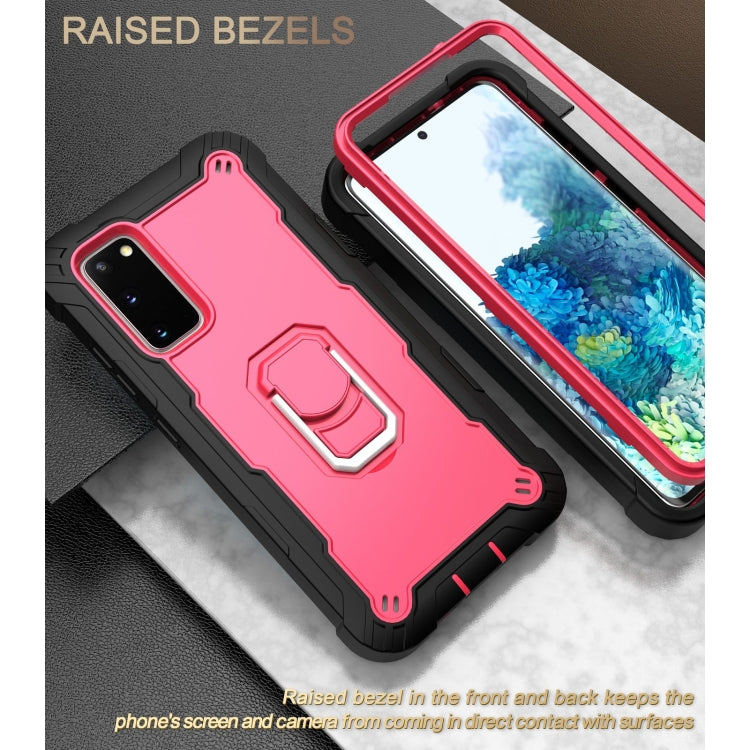 For Samsung Galaxy S20 FE / FE 5G PC + Rubber 3-layers Shockproof Protective Case with Rotating Holder(Black + Rose Red) by buy2fix
