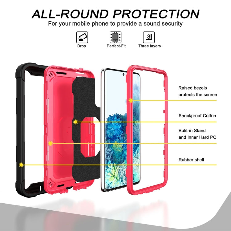 For Samsung Galaxy S20 FE / FE 5G PC + Rubber 3-layers Shockproof Protective Case with Rotating Holder(Black + Rose Red) by buy2fix