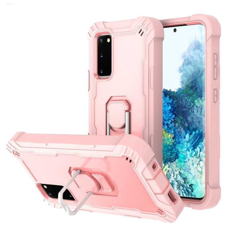 For Samsung Galaxy S20 FE / FE 5G PC + Rubber 3-layers Shockproof Protective Case with Rotating Holder(Rose Gold) by buy2fix
