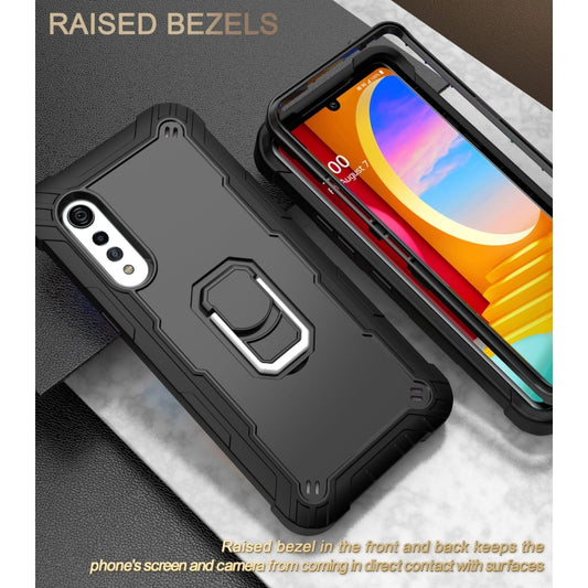 For LG Velvet PC + Rubber 3-layers Shockproof Protective Case with Rotating Holder(Black) by buy2fix