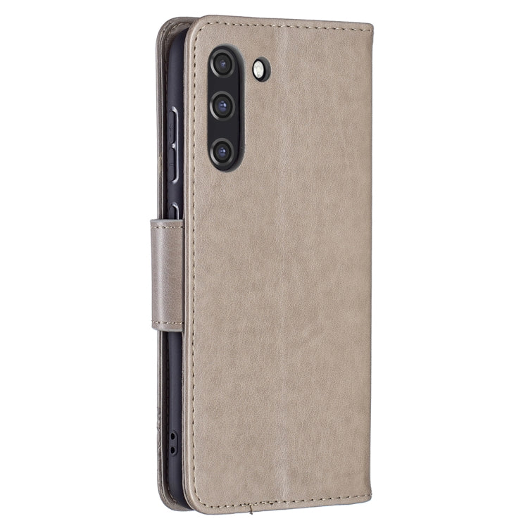 For Samsung Galaxy S21 FE Embossing Two Butterflies Pattern Horizontal Flip PU Leather Case with Holder & Card Slot & Wallet & Lanyard(Grey) by buy2fix