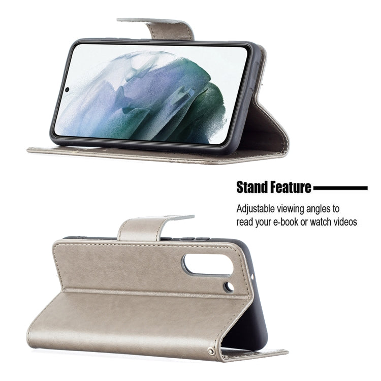 For Samsung Galaxy S21 FE Embossing Two Butterflies Pattern Horizontal Flip PU Leather Case with Holder & Card Slot & Wallet & Lanyard(Grey) by buy2fix