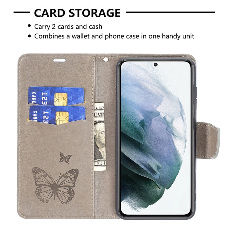 For Samsung Galaxy S21 FE Embossing Two Butterflies Pattern Horizontal Flip PU Leather Case with Holder & Card Slot & Wallet & Lanyard(Grey) by buy2fix