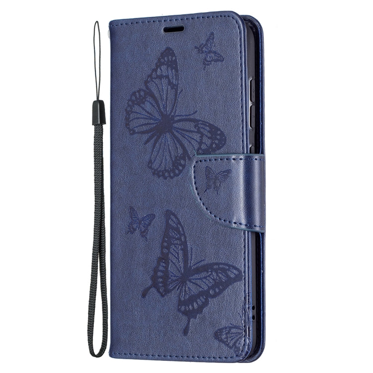 For Samsung Galaxy S21 FE Embossing Two Butterflies Pattern Horizontal Flip PU Leather Case with Holder & Card Slot & Wallet & Lanyard(Dark Blue) by buy2fix