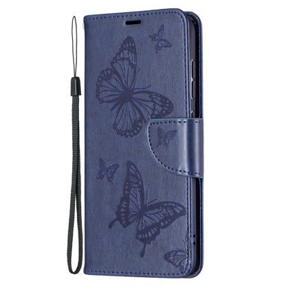 For Samsung Galaxy S21 FE Embossing Two Butterflies Pattern Horizontal Flip PU Leather Case with Holder & Card Slot & Wallet & Lanyard(Dark Blue) by buy2fix