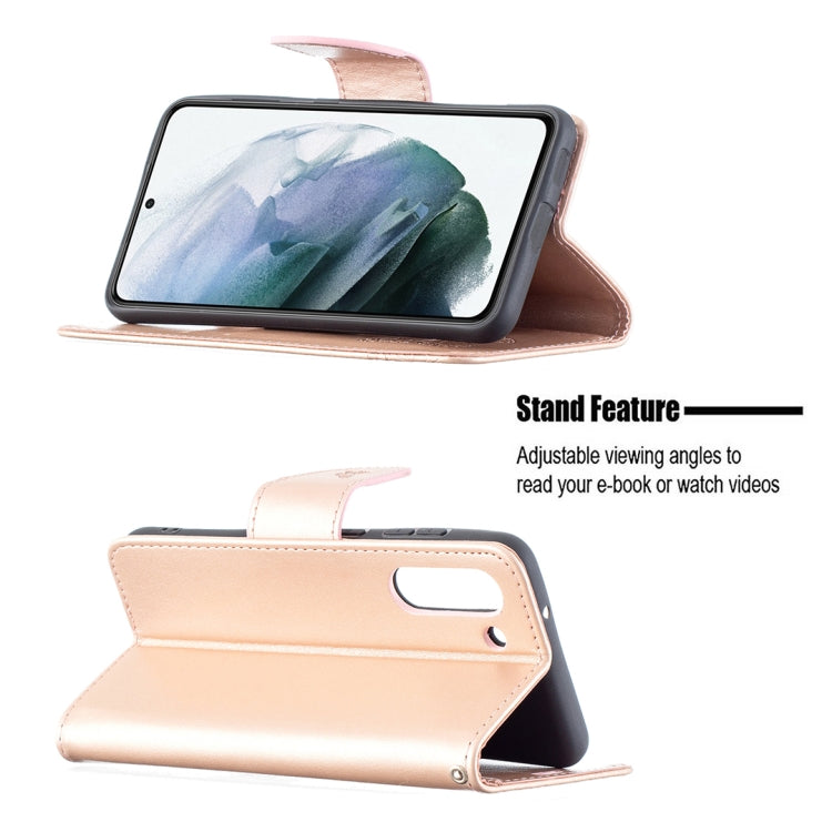 For Samsung Galaxy S21 FE Embossing Two Butterflies Pattern Horizontal Flip PU Leather Case with Holder & Card Slot & Wallet & Lanyard(Rose Gold) by buy2fix