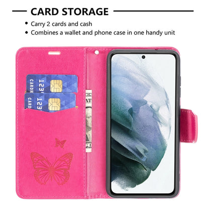 For Samsung Galaxy S21 FE Embossing Two Butterflies Pattern Horizontal Flip PU Leather Case with Holder & Card Slot & Wallet & Lanyard(Rose Red) by buy2fix