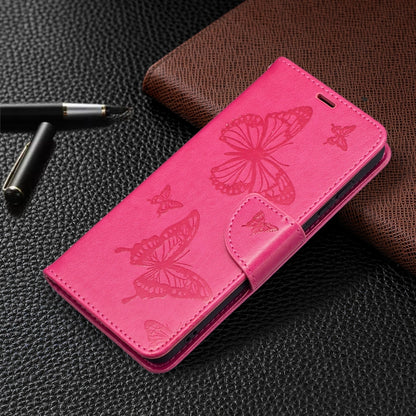 For Samsung Galaxy S21 FE Embossing Two Butterflies Pattern Horizontal Flip PU Leather Case with Holder & Card Slot & Wallet & Lanyard(Rose Red) by buy2fix