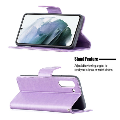 For Samsung Galaxy S21 FE Embossing Two Butterflies Pattern Horizontal Flip PU Leather Case with Holder & Card Slot & Wallet & Lanyard(Purple) by buy2fix