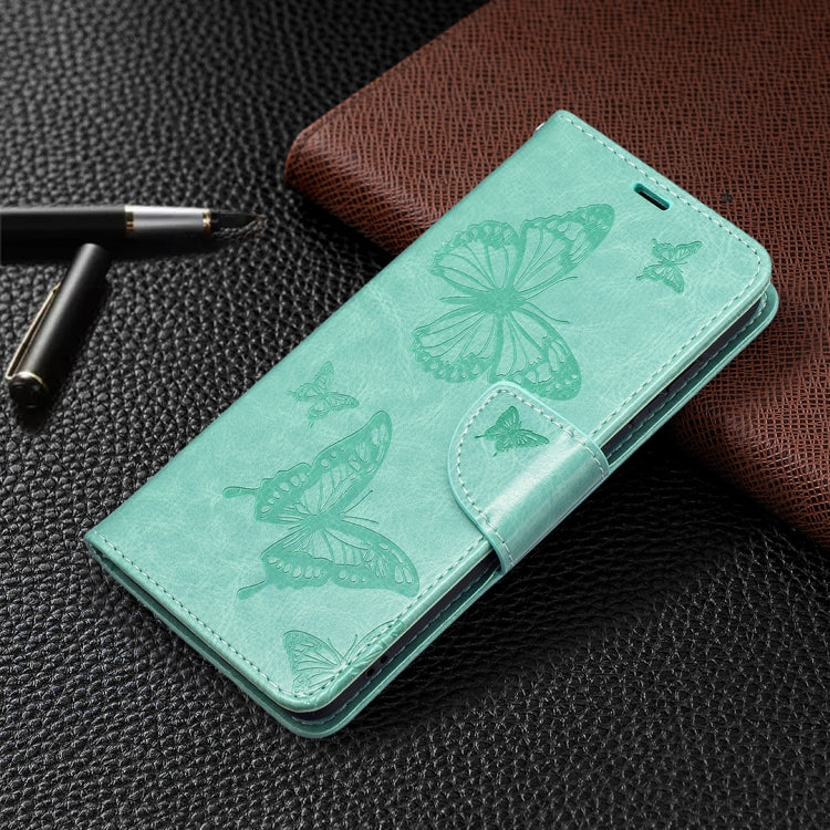 For Samsung Galaxy S21 FE Embossing Two Butterflies Pattern Horizontal Flip PU Leather Case with Holder & Card Slot & Wallet & Lanyard(Green) by buy2fix