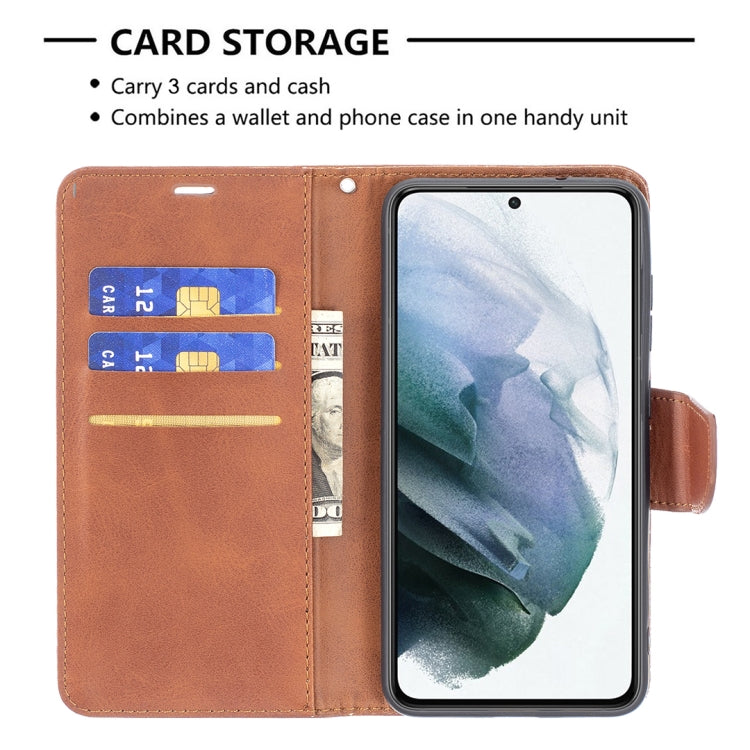 For Samsung Galaxy S21 FE Retro Lambskin Texture Pure Color Horizontal Flip PU Leather Case with Holder & Card Slots & Wallet & Lanyard(Brown) by buy2fix