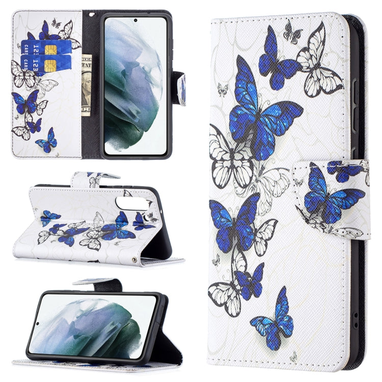 For Samsung Galaxy S21 FE Colored Drawing Pattern Horizontal Flip Leather Case with Holder & Card Slots & Wallet(Blue Butterflies) by buy2fix