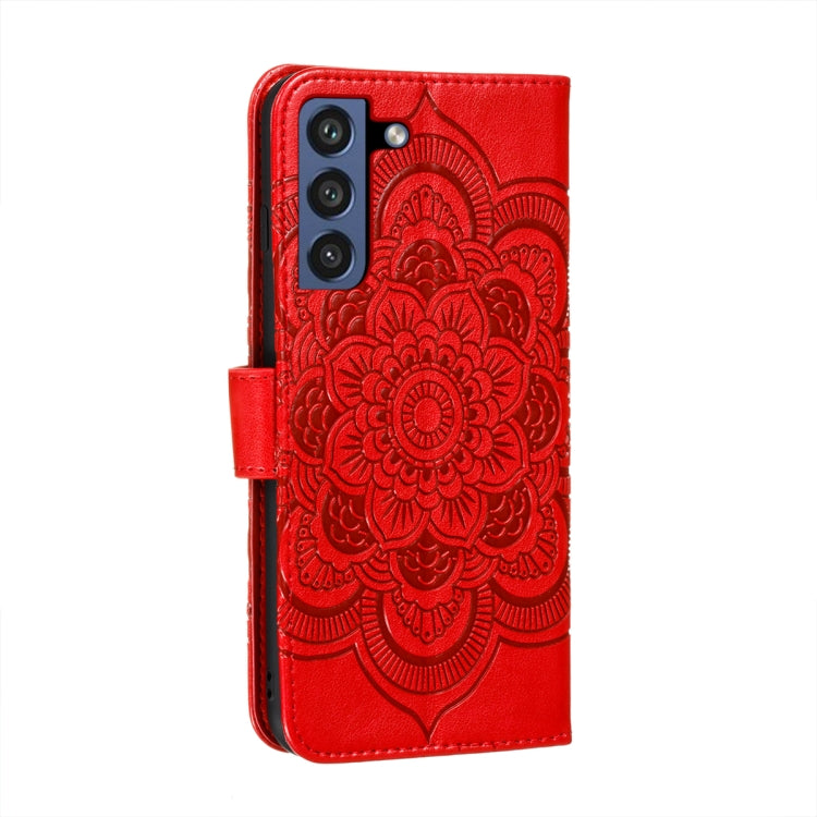 For Samsung Galaxy S21 FE Sun Mandala Embossing Pattern Horizontal Flip PU Leather Case with Holder & Card Slots & Wallet & Lanyard(Red) by buy2fix