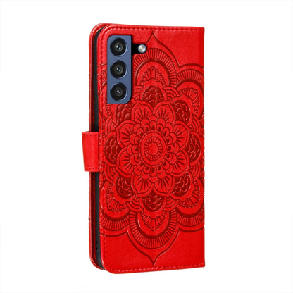 For Samsung Galaxy S21 FE Sun Mandala Embossing Pattern Horizontal Flip PU Leather Case with Holder & Card Slots & Wallet & Lanyard(Red) by buy2fix