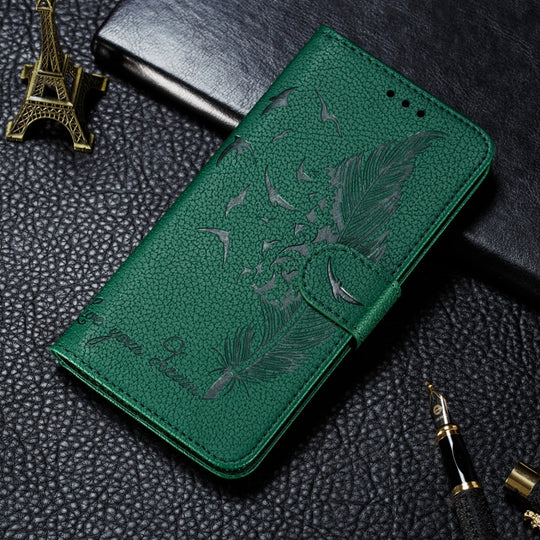 For Samsung Galaxy A22 5G Litchi Texture Feather Embossing Pattern Horizontal Flip Leather Case with Holder & Card Slots & Wallet & Photo Frame & Lanyard(Green)
