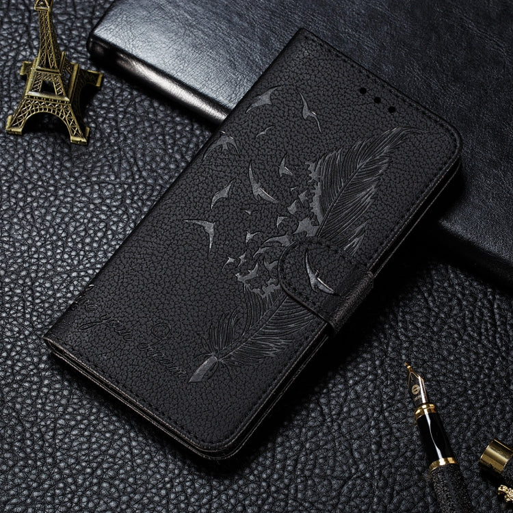 For Samsung Galaxy A22 5G Litchi Texture Feather Embossing Pattern Horizontal Flip Leather Case with Holder & Card Slots & Wallet & Photo Frame & Lanyard(Black) by buy2fix