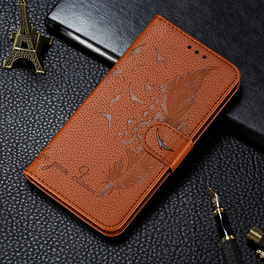 For Samsung Galaxy A22 5G Litchi Texture Feather Embossing Pattern Horizontal Flip Leather Case with Holder & Card Slots & Wallet & Photo Frame & Lanyard(Brown)