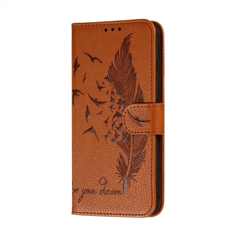 For Samsung Galaxy A22 5G Litchi Texture Feather Embossing Pattern Horizontal Flip Leather Case with Holder & Card Slots & Wallet & Photo Frame & Lanyard(Brown) by buy2fix