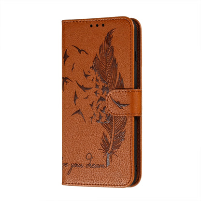 For Samsung Galaxy A22 5G Litchi Texture Feather Embossing Pattern Horizontal Flip Leather Case with Holder & Card Slots & Wallet & Photo Frame & Lanyard(Brown) by buy2fix