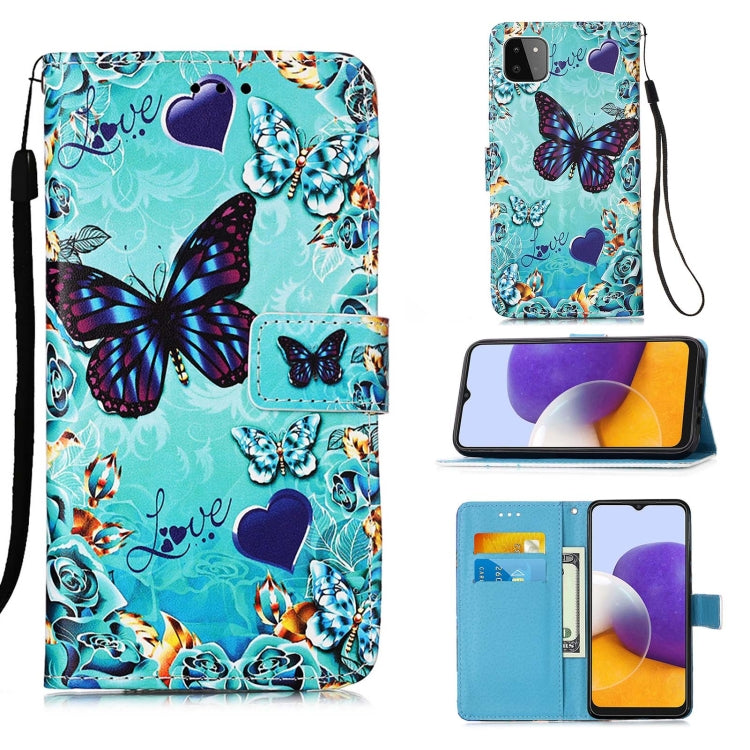 For Samsung Galaxy A22 5G (US Version) Colored Drawing Pattern Plain Weave Horizontal Flip Leather Case with Holder & Card Slot & Wallet & Lanyard(Caring Butterfly) by buy2fix
