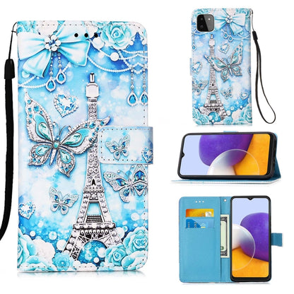 For Samsung Galaxy A22 5G (US Version) Colored Drawing Pattern Plain Weave Horizontal Flip Leather Case with Holder & Card Slot & Wallet & Lanyard(Tower Butterfly) by buy2fix