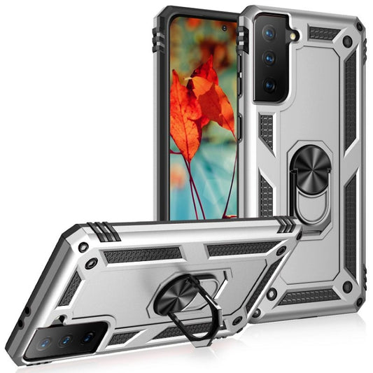 For Samsung Galaxy S21 FE Shockproof TPU + PC Protective Case with 360 Degree Rotating Holder(Silver) by buy2fix