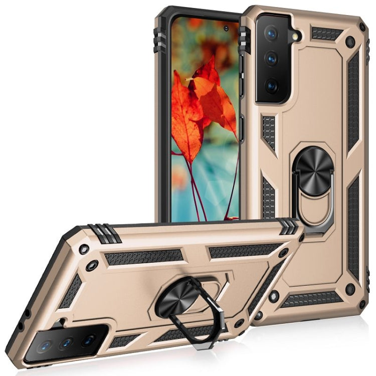 For Samsung Galaxy S21 FE Shockproof TPU + PC Protective Case with 360 Degree Rotating Holder(Gold) by buy2fix