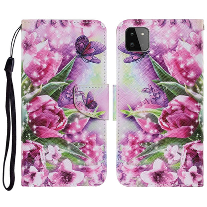 For Samsung Galaxy A22 5G Coloured Drawing Pattern Horizontal Flip PU Leather Case with Holder & Card Slots & Wallet & Lanyard(Rose Butterfly) by buy2fix