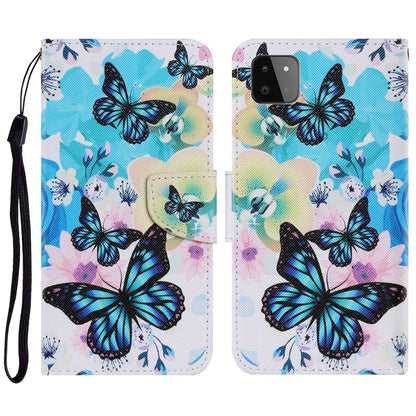 For Samsung Galaxy A22 5G Coloured Drawing Pattern Horizontal Flip PU Leather Case with Holder & Card Slots & Wallet & Lanyard(Purple Butterfly) by buy2fix