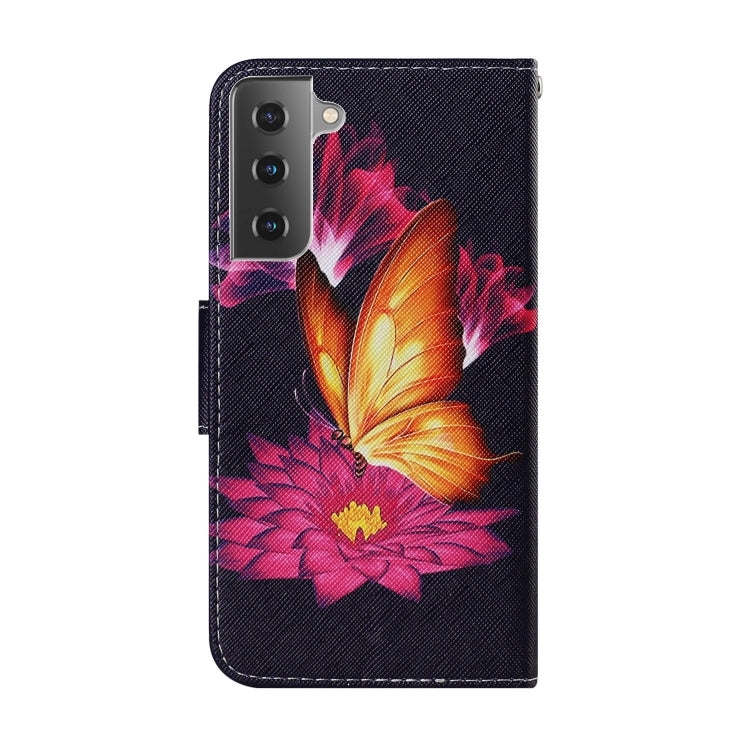 For Samsung Galaxy S21 FE Coloured Drawing Pattern Horizontal Flip PU Leather Case with Holder & Card Slots & Wallet & Lanyard(Big Golden Butterfly) by buy2fix