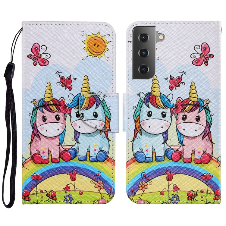 For Samsung Galaxy S21 FE Coloured Drawing Pattern Horizontal Flip PU Leather Case with Holder & Card Slots & Wallet & Lanyard(Couple Unicorn) by buy2fix