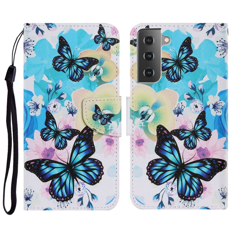 For Samsung Galaxy S21 FE Coloured Drawing Pattern Horizontal Flip PU Leather Case with Holder & Card Slots & Wallet & Lanyard(Purple Butterfly) by buy2fix