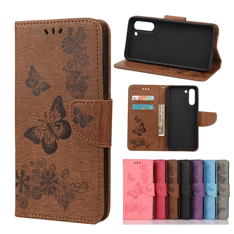 For Samsung Galaxy S21 FE Butterflies Embossing Horizontal Flip Leather Case with Holder & Card Slots & Wallet(Brown) by buy2fix
