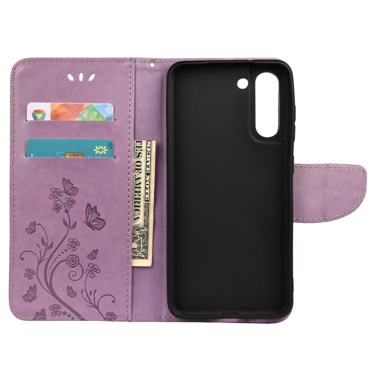 For Samsung Galaxy S21 FE Butterfly Flower Pattern Horizontal Flip Leather Case with Holder & Card Slots & Wallet(Light Purple) by buy2fix