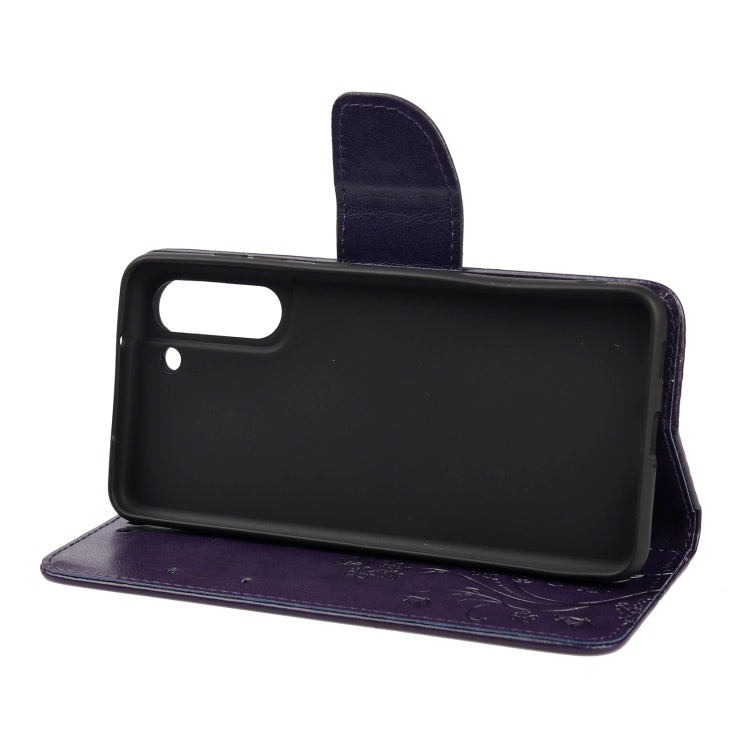 For Samsung Galaxy S21 FE Butterfly Flower Pattern Horizontal Flip Leather Case with Holder & Card Slots & Wallet(Deep Purple) by buy2fix