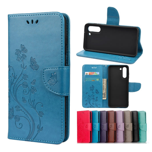 For Samsung Galaxy S21 FE Butterfly Flower Pattern Horizontal Flip Leather Case with Holder & Card Slots & Wallet(Blue) by buy2fix
