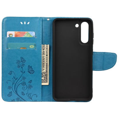 For Samsung Galaxy S21 FE Butterfly Flower Pattern Horizontal Flip Leather Case with Holder & Card Slots & Wallet(Blue) by buy2fix