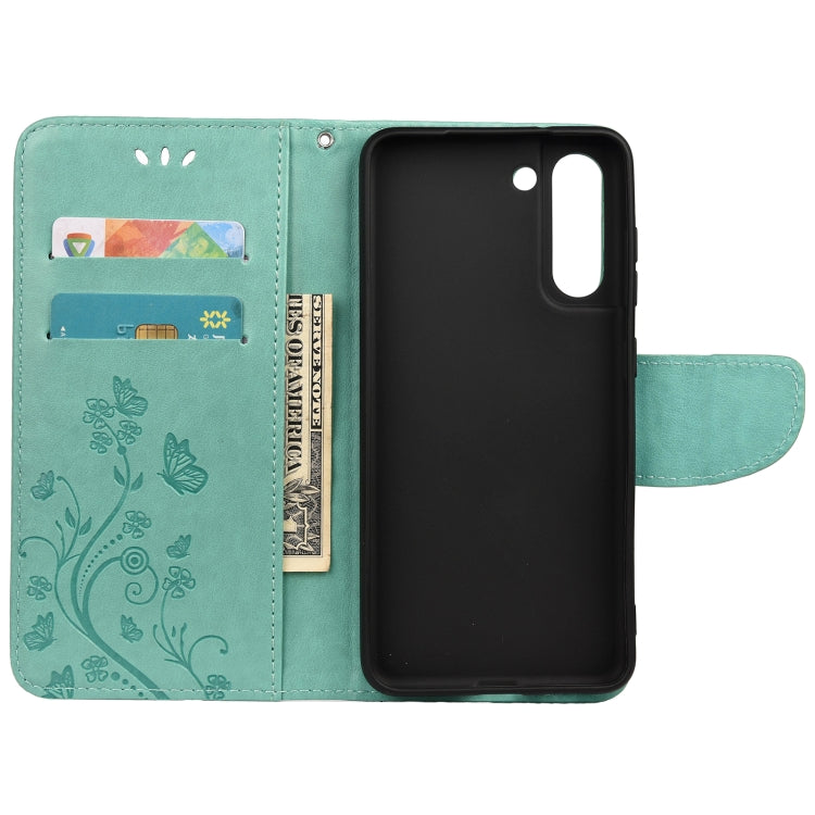 For Samsung Galaxy S21 FE Butterfly Flower Pattern Horizontal Flip Leather Case with Holder & Card Slots & Wallet(Green) by buy2fix