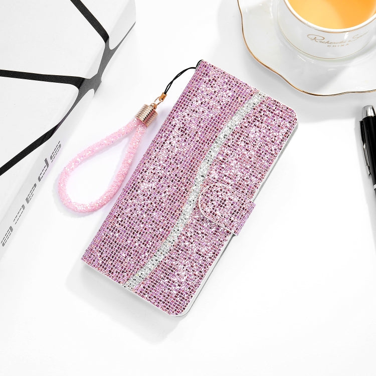 For Samsung Galaxy A22 5G Glitter Powder Horizontal Flip Leather Case with Card Slots & Holder & Lanyard(Pink) by buy2fix